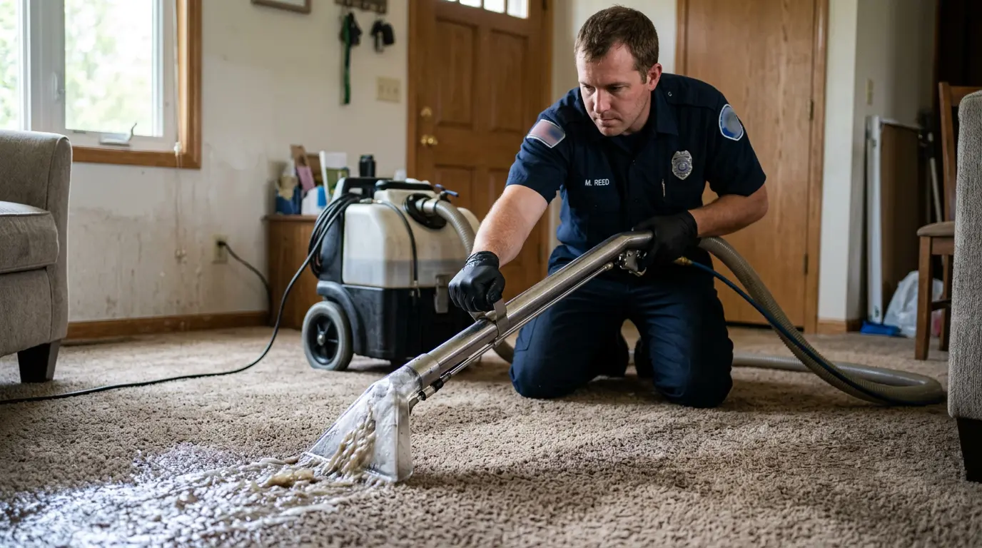 Gold Tech Restoration technician extracting water from a flooded home in Holtsville